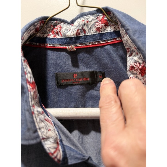 Pierre Cardin Mens Medium Chambray Button Up Shirt Blue Floral Trim - Picture 2 of 5